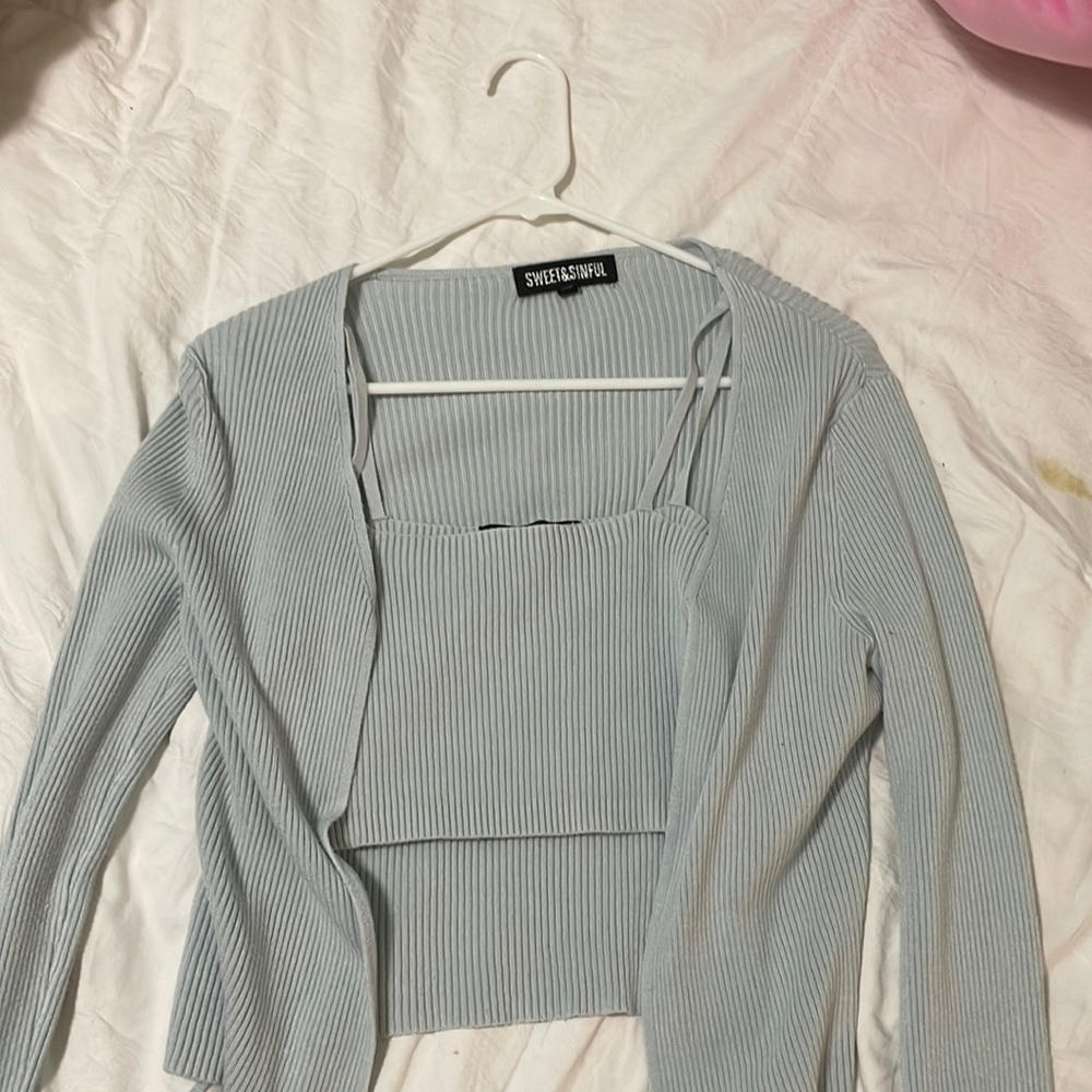 ribbed baby blue two piece cardigan and tank top